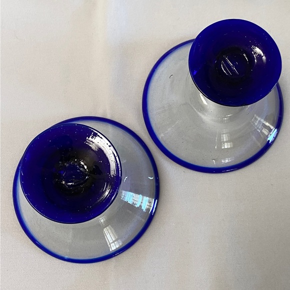 Set Margarita Glasses Cobalt Blue Rim Pedestal Hand Blown Bubble Glass Vtg Wine - Picture 4 of 10